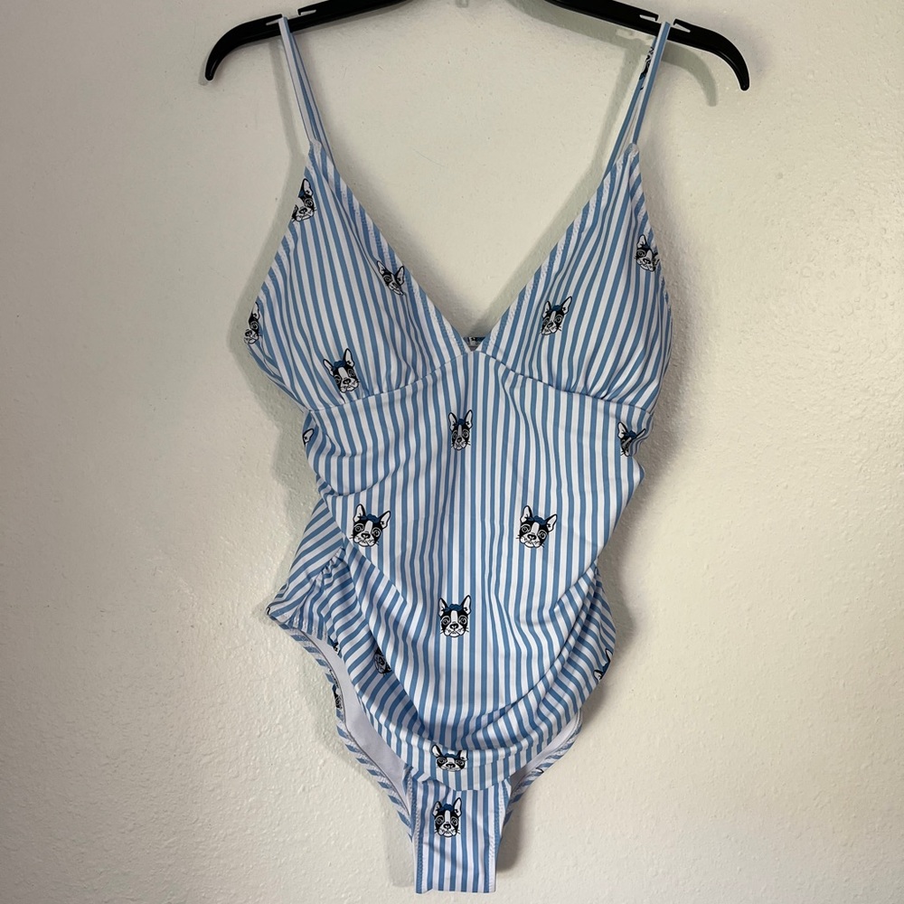 Phurro Womens Striped Pug Print Bathing Suit